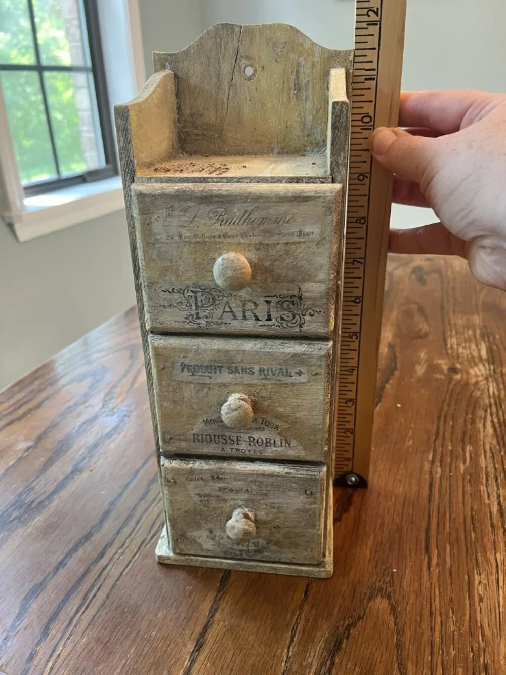 French Wooden Distressed 3-Drawer Storage Box With Parisian Script Design Rustic